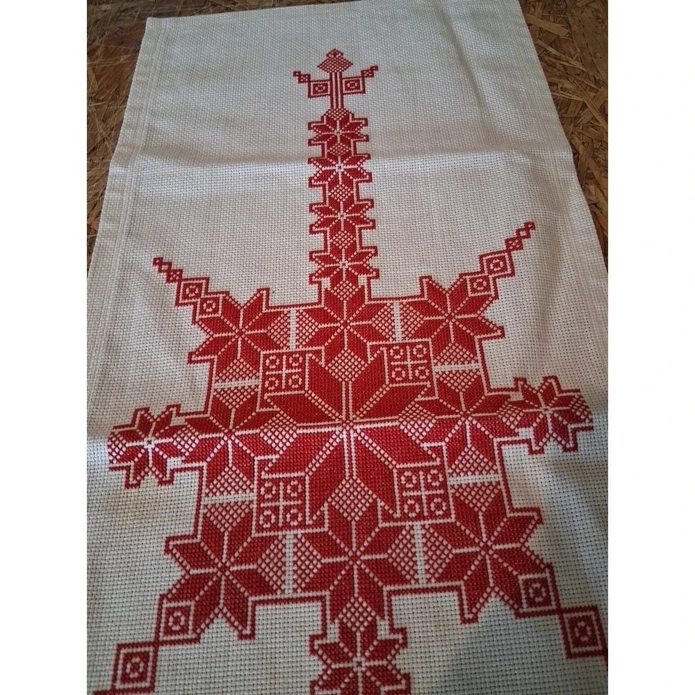 Vtg. Handmade Red and White Cross Stitch Snowflake Pattern Textile Table Runner